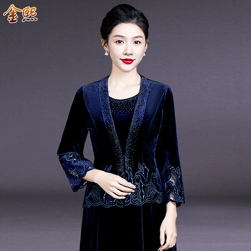 妈妈装丝绒刺绣短外套礼服两件套