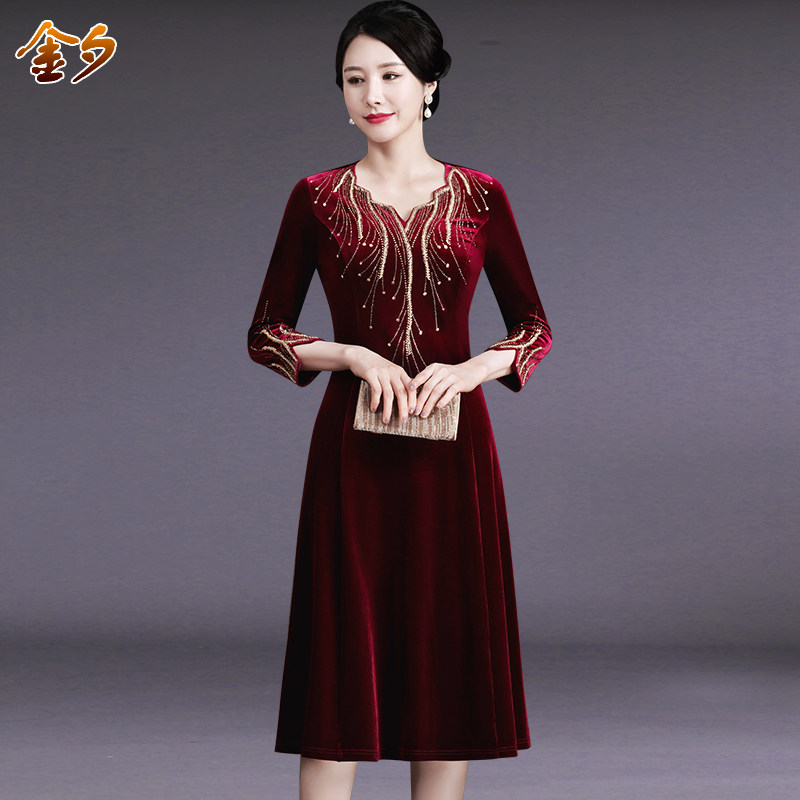 高贵妈妈装连衣裙婚宴礼服丝绒裙