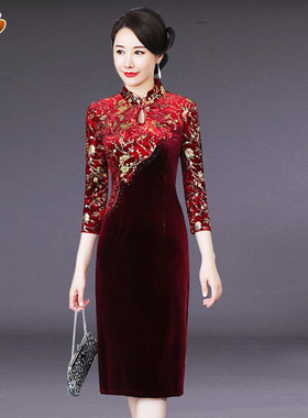 金丝绒妈妈装婚礼旗袍裙大码