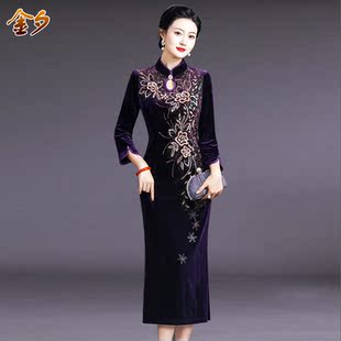 妈妈装婚礼服宴会旗袍中长款显瘦大码中老年女装金丝绒春秋连衣裙