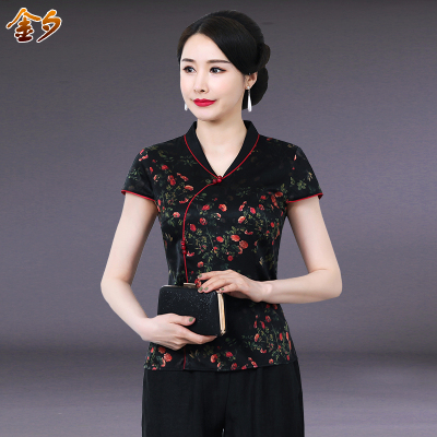 真丝印花高贵妈妈装短袖蚕丝衬衫