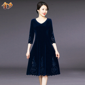婚礼中长款 时尚 雕花金丝绒裙 大码 气质妈妈装 中年女装 连衣裙春秋装