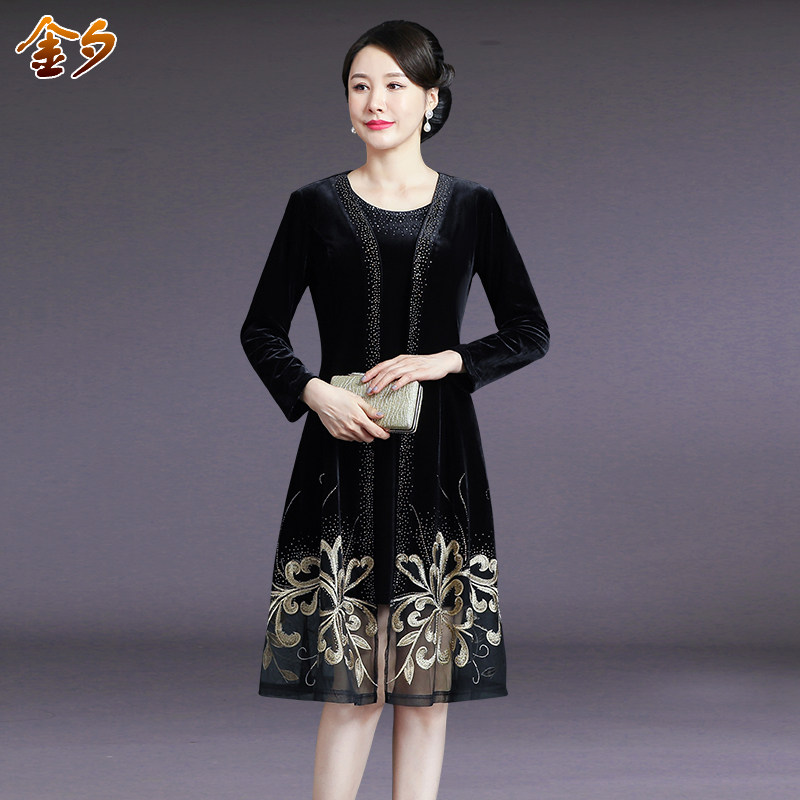 时尚中老年女装秋装外套中长款金丝绒绣花婚礼妈妈装两件套连衣裙