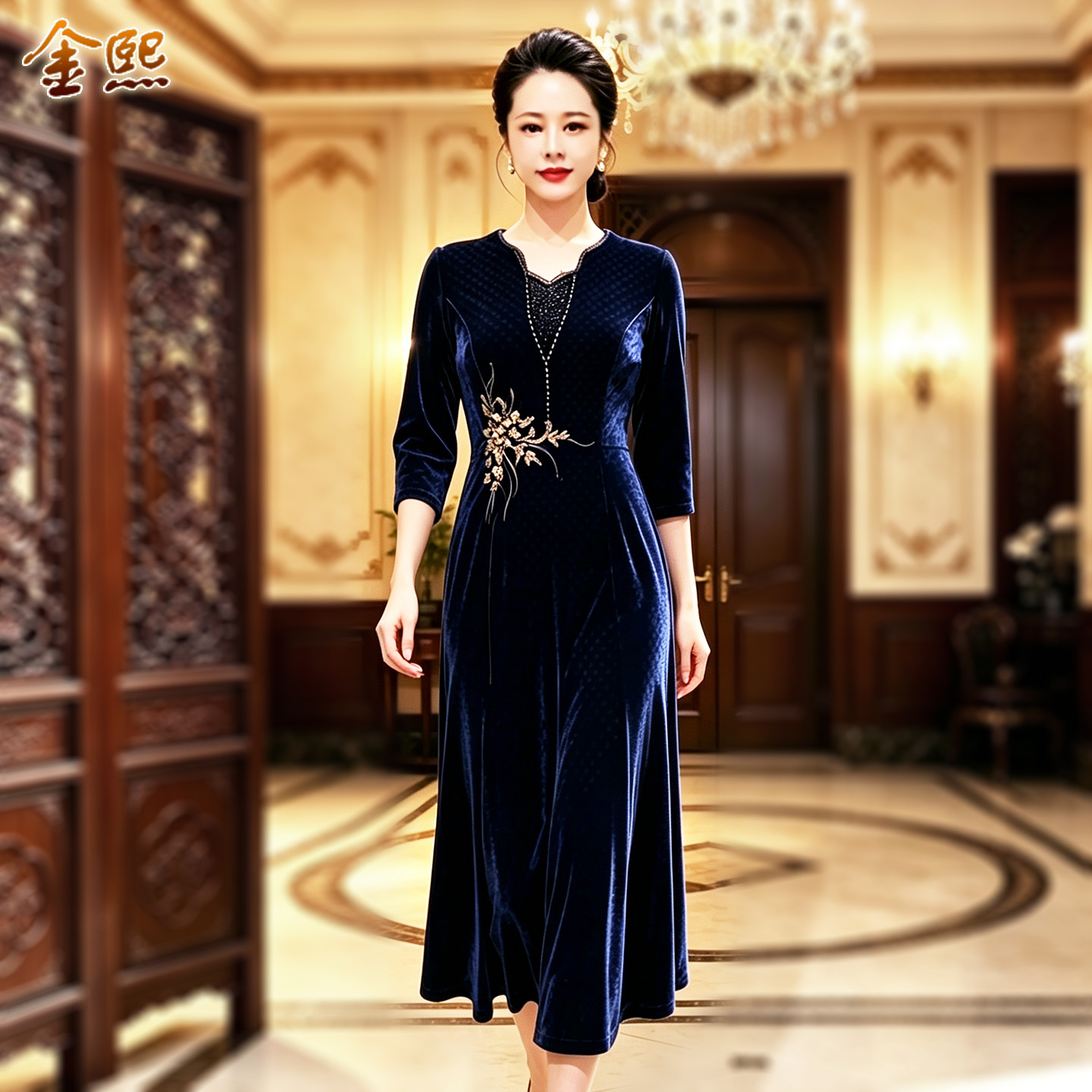 丝绒显瘦大码婚宴妈妈礼服连衣裙