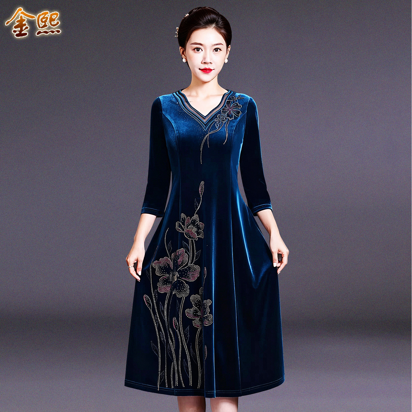 时尚妈妈装春装连衣裙中长款大码显瘦高端镶钻中老年女装金丝绒裙