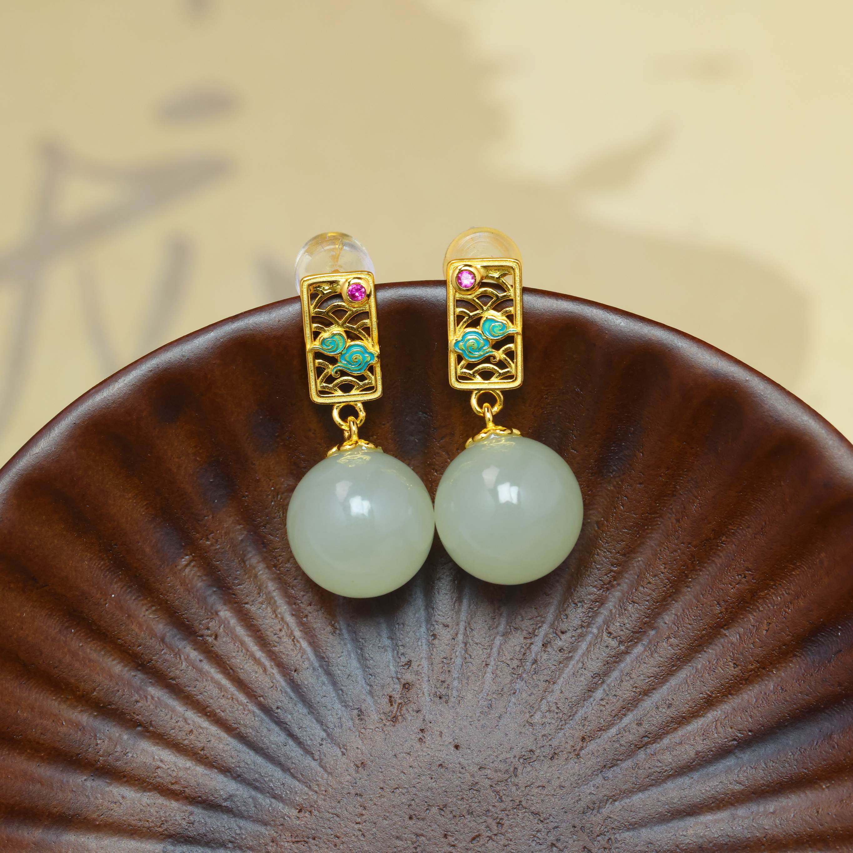 925银天然和田玉青白玉复古国潮新中式珐琅玉石耳环耳坠耳饰,珠宝/钻石/翡翠,耳饰,淘宝优惠券,粉丝福利购,淘宝优惠卷