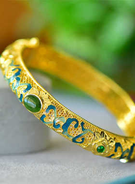 新疆天然和田玉碧玉莲花手镯女款