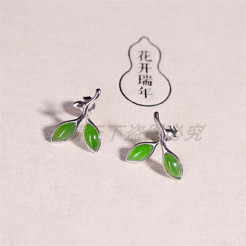 新疆天然和田玉碧玉马眼耳钉女款玉石925银镶嵌耳饰耳环耳坠