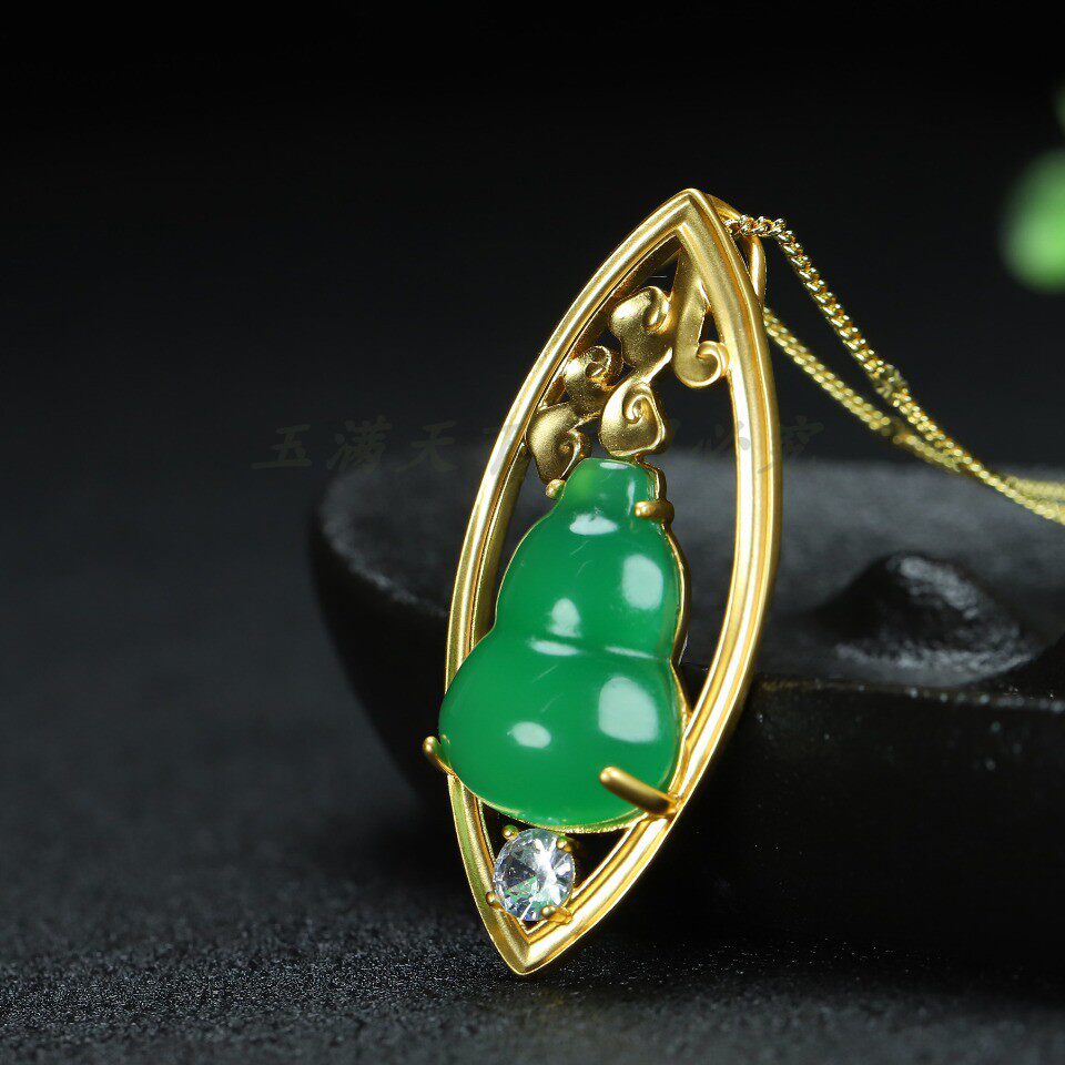 天然A货高冰帝王绿玉髓葫芦吊坠镀24k真金挂件玛瑙玉石福禄项链