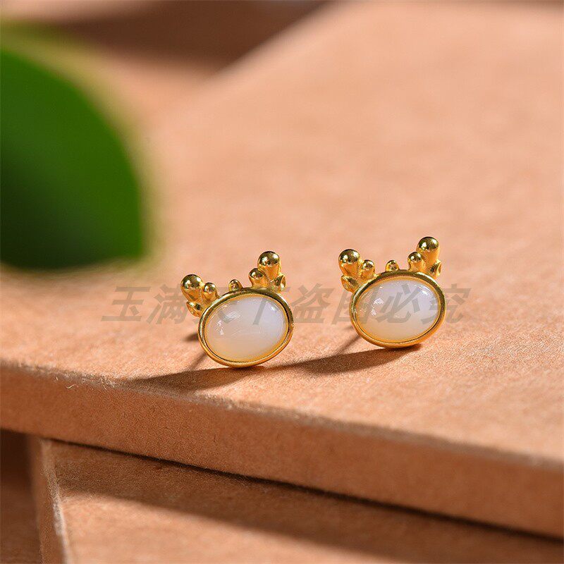 新疆天然和田玉白玉/碧玉蛋面素银耳钉925银镶嵌玉石鹿角耳饰耳环