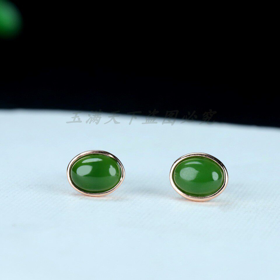 天然和田玉碧玉蛋面耳钉925银耳针女款镶嵌简约百搭耳饰玉石耳环