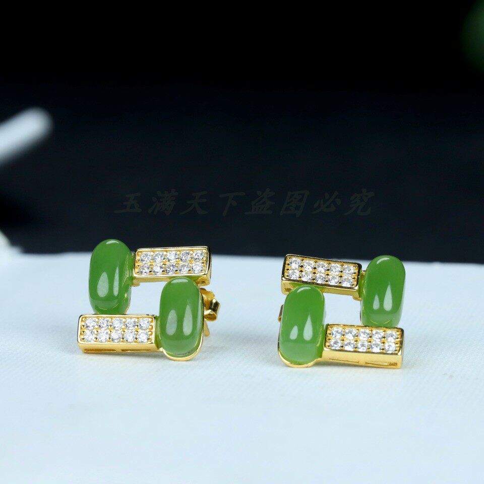 天然和田玉碧玉方形镶钻耳钉925银耳饰女款镶嵌玉石耳针百搭耳环