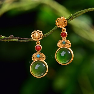 新疆天然和田玉碧玉925银圆蛋面耳坠女款玉石耳环简约大气耳饰