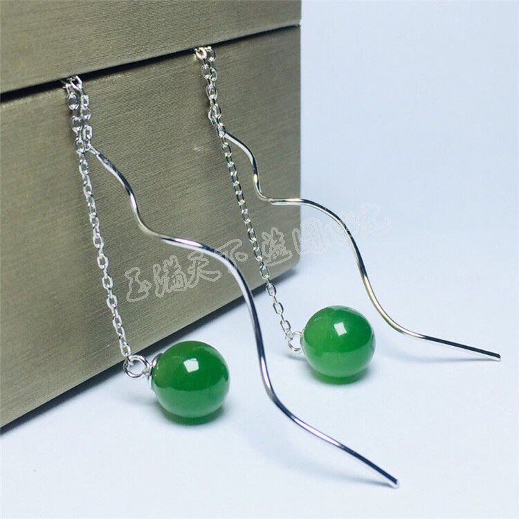 天然和田玉碧玉圆珠耳环925纯银波浪耳线长款清新文艺耳坠玉耳钉