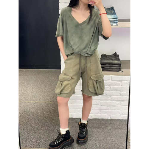 25ss美式复古做旧口袋设计工装裤男女同款潮抽绳松紧百搭休闲短裤