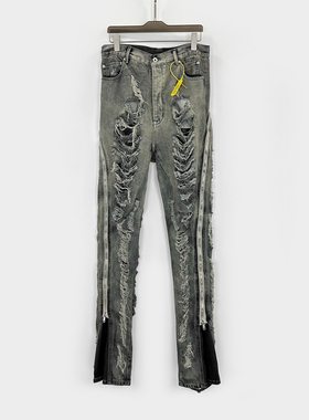 acbt刮烂大破坏流苏水洗多拉链宽松直筒喇叭堆积拖地牛仔裤男