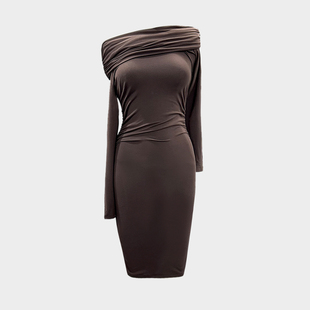 连衣裙女 修身 暗黑先锋Ro风显瘦一字肩韩版 性感褶皱包臀裙露肩长袖