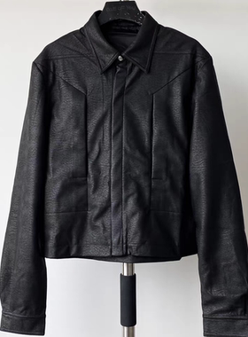 Ro acbt短款小众褶皱复古解构宽松百搭休闲工装皮衣衬衫夹克外套