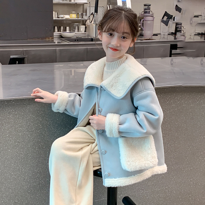2025冬季新款中大童小女孩女童加厚外套羊羔毛呢大衣毛毛衣送挎包
