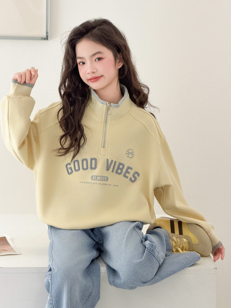 2026新款春装中大童小女孩女童洋气宽松半拉链卫衣春秋上衣