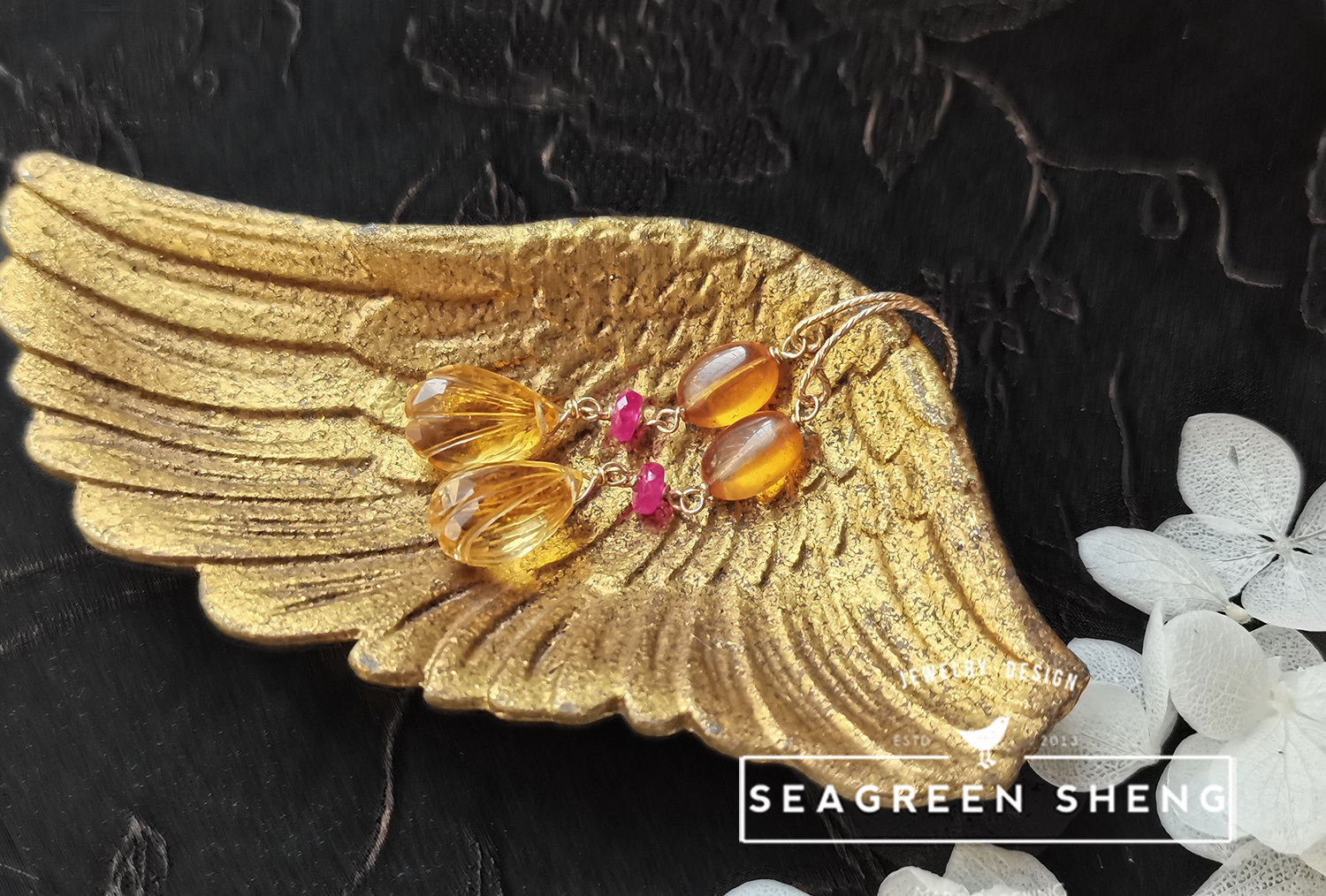 BISHENG 수제 천연 꽃잎 황수정 꿀색 환타 스톤 스페사르타이트 가넷 핑크 사파이어 14K 골드 귀걸이