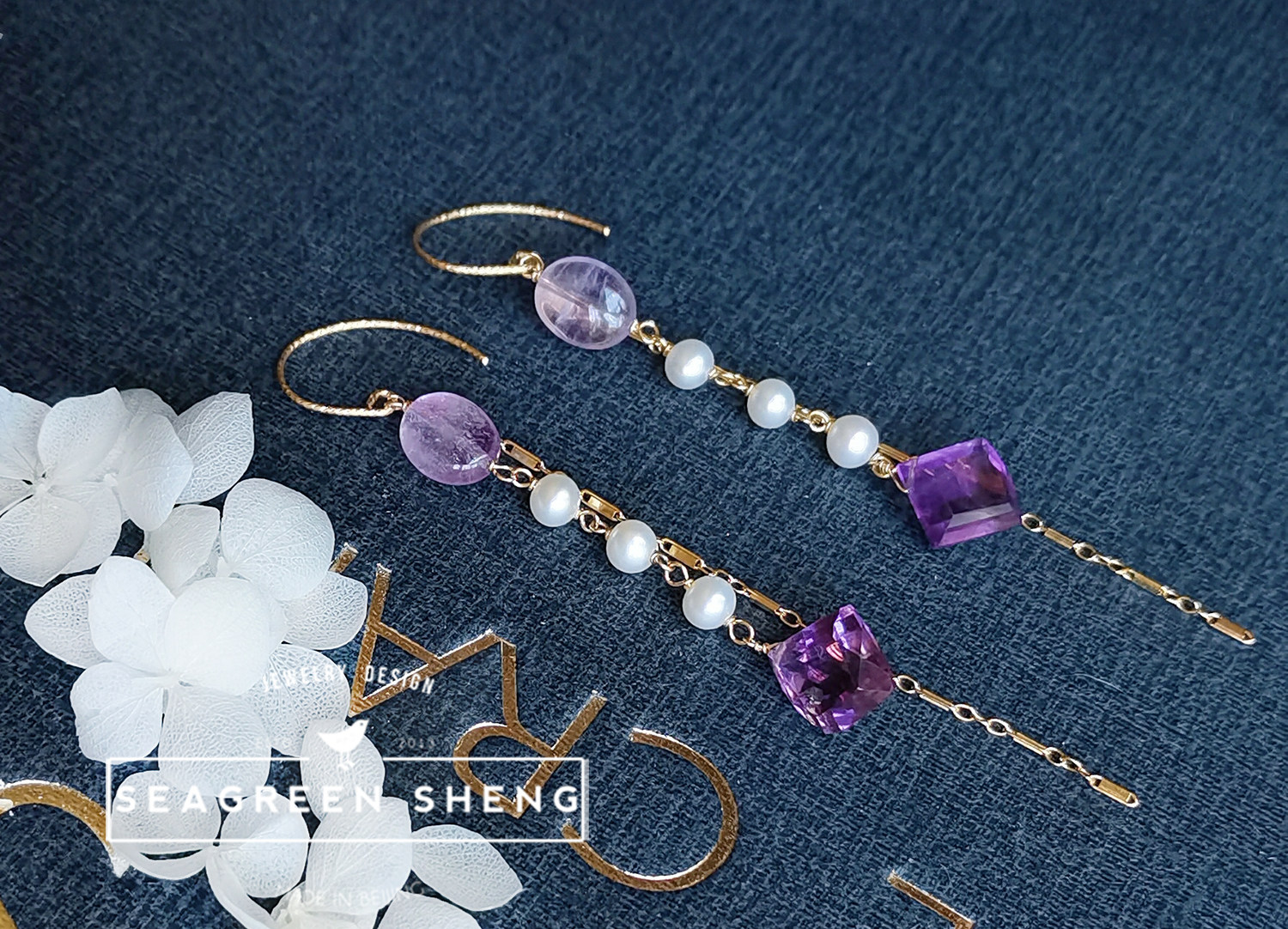 BISHENG 수제 천연 비대칭 자수정 담수 진주 라벤더 자수정 미국 14K 금 귀걸이