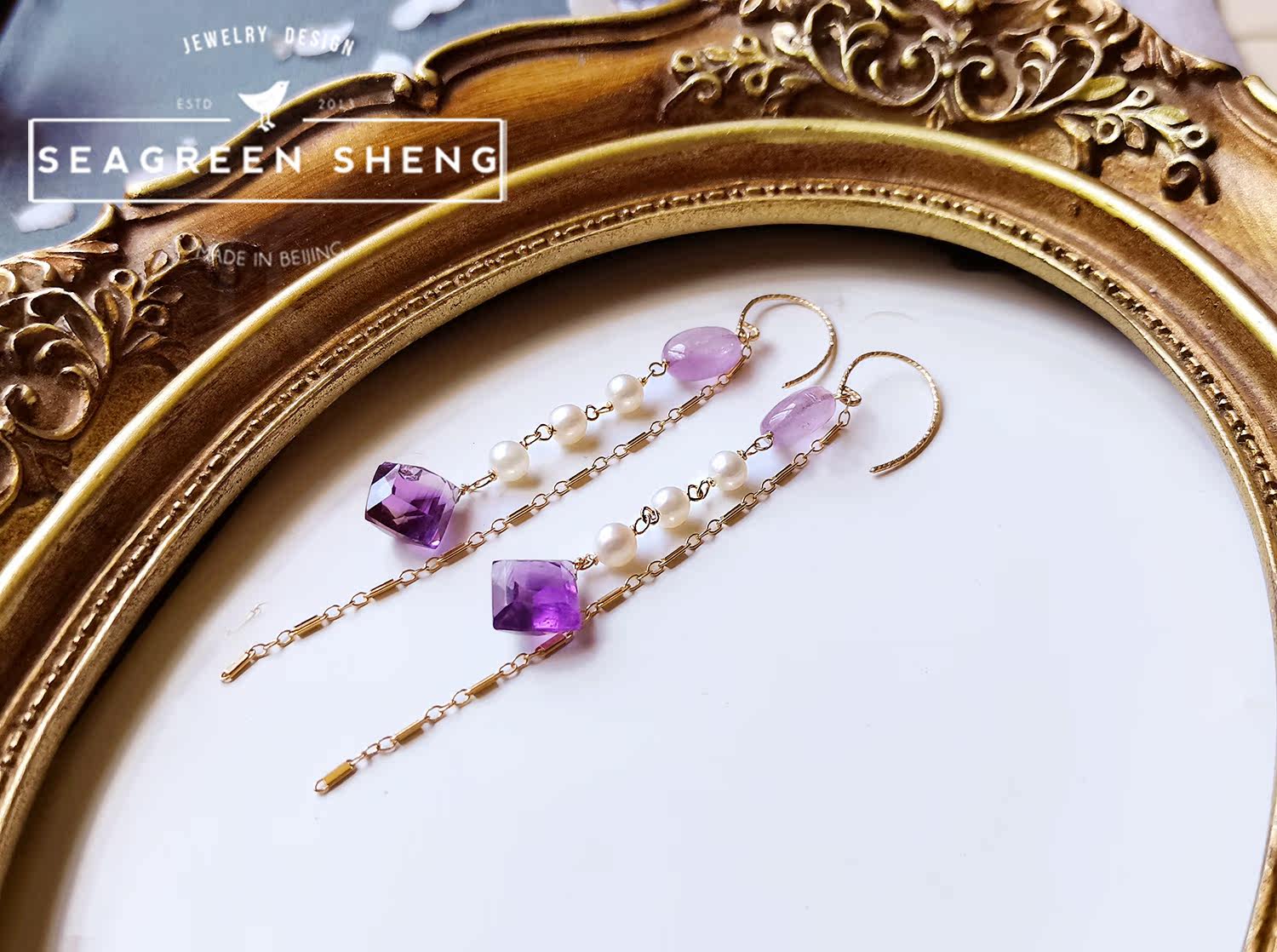 BISHENG 수제 천연 비대칭 자수정 담수 진주 라벤더 자수정 미국 14K 금 귀걸이