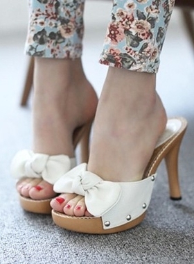 现货水之心首尔女鞋2025夏细高跟女拖鞋甜美鱼嘴蝴蝶结凉拖沙滩鞋