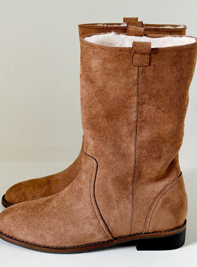 水之心长毛绒加绒保暖平底中筒靴子女2025秋冬新款百搭简约通勤