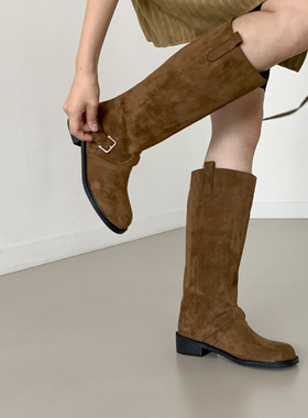 水之心休闲简约百搭帅气平底方跟中筒皮带扣中筒靴女2025秋冬新款