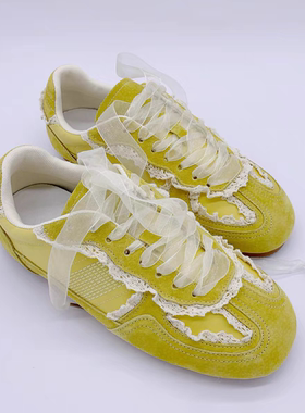 水之心少女浪漫蕾丝缎面真皮德训鞋运动鞋减龄休闲单鞋2025春秋新