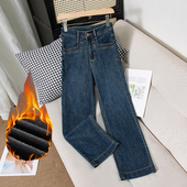 阔腿裤 秋款 女高腰小个子八分窄版 九分直筒牛仔裤 加绒 弹力新款