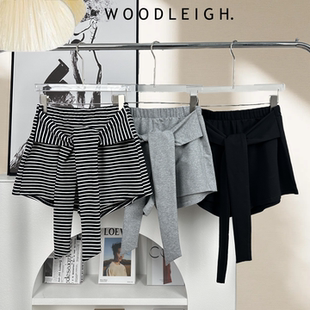 百搭热裤 夏季 辣妹全棉条纹休闲系带阔腿高腰松紧打结短裤 美式 裙裤