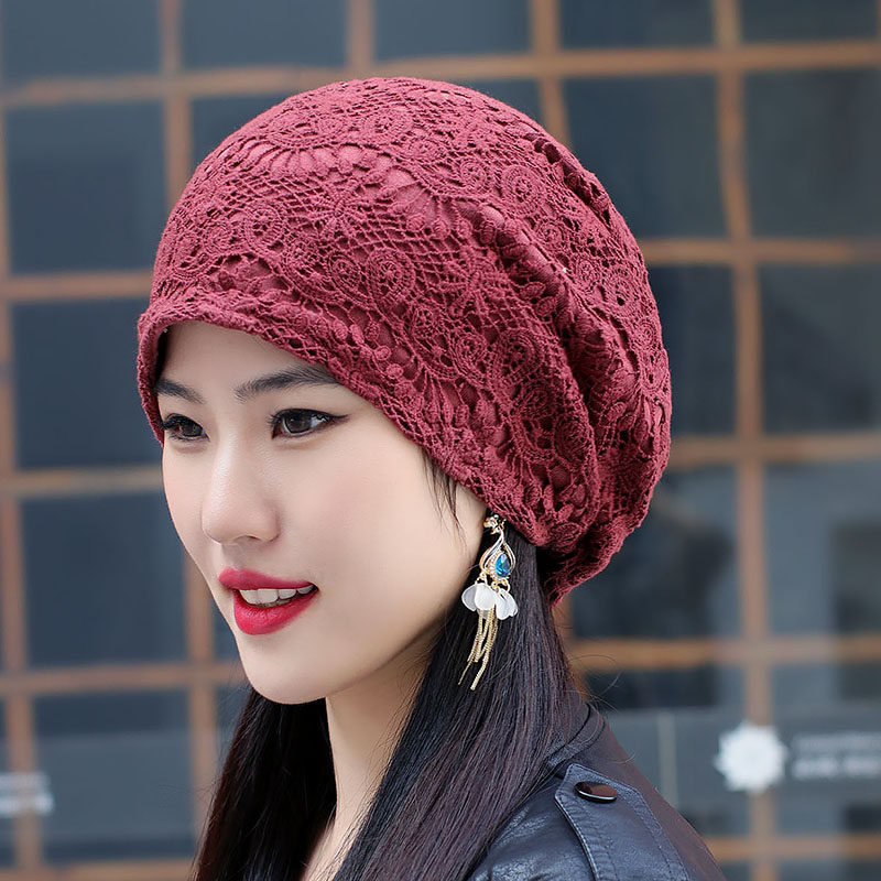 秋冬帽子女帽手复古工钩花薄款针织毛线帽头巾包头护耳帽子妈妈帽