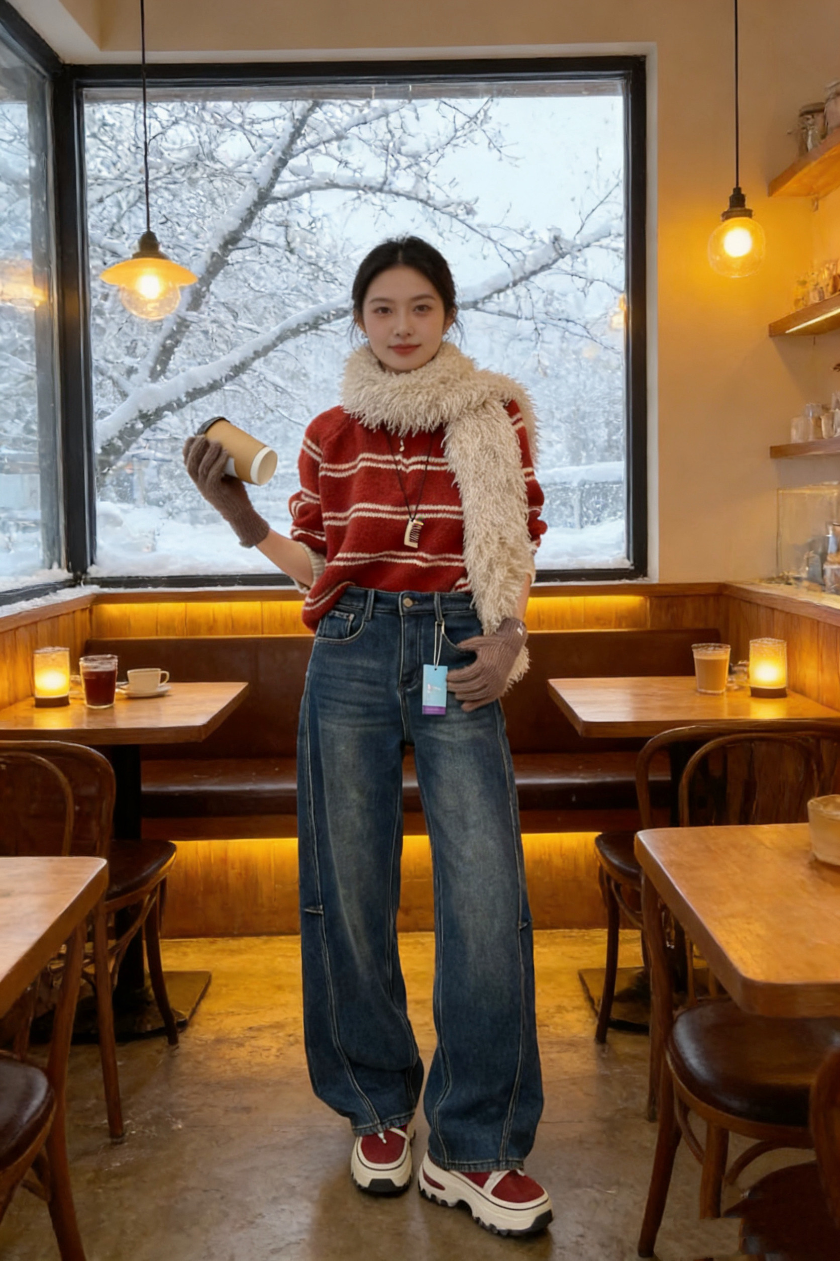 高腰弹力柔软拼接密密绒 厚绒弯刀裤