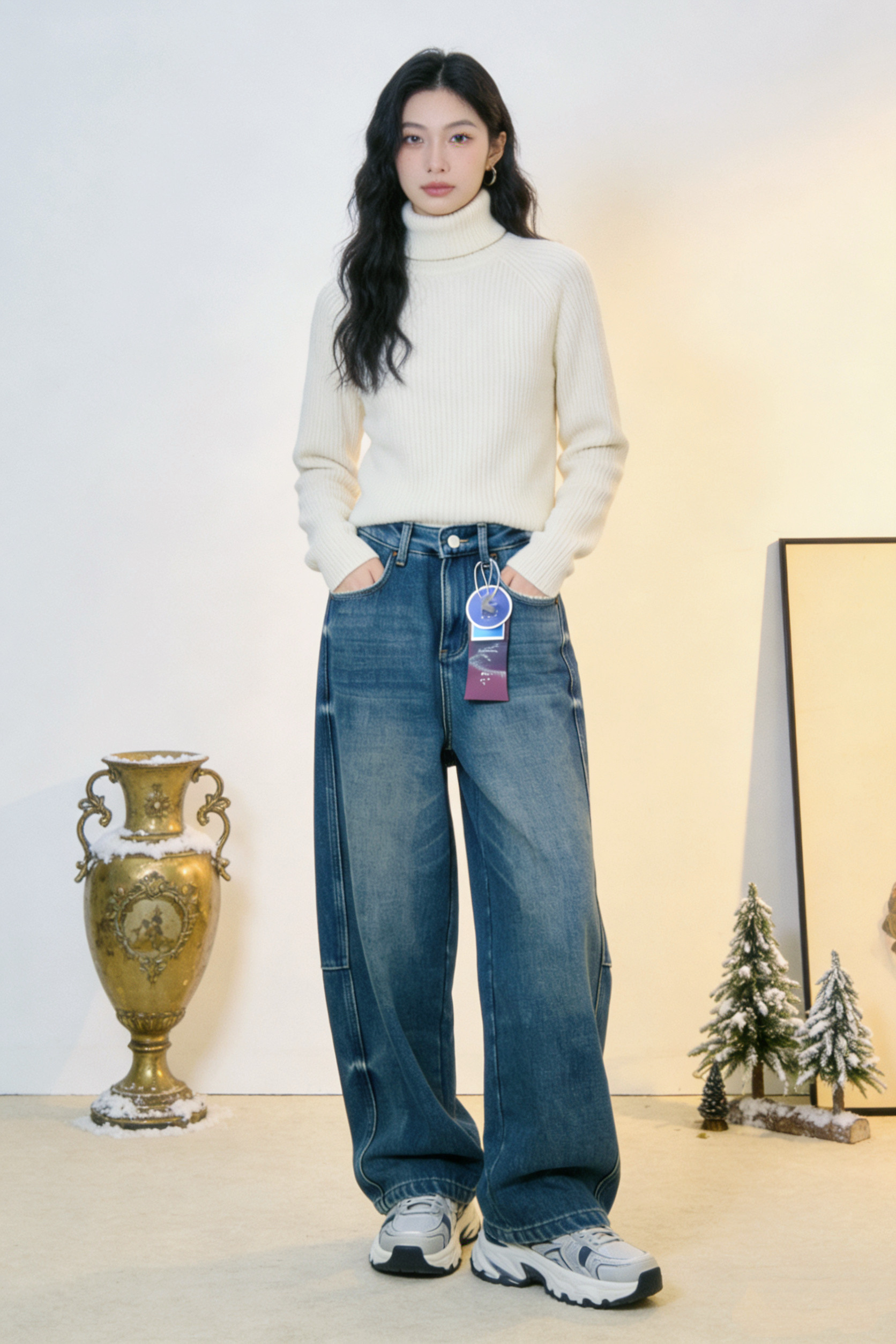 显瘦分割线 加绒加厚复古高腰宽松阔腿弯刀裤！