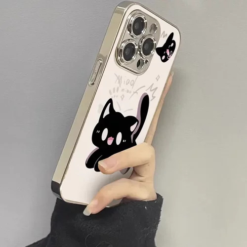 惊讶小黑猫适用苹果16promax手机壳新款iphone1 5电镀保护套新款