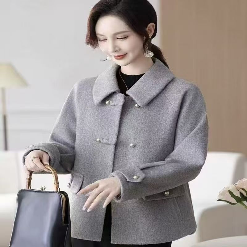 高档时尚短款双面绒大衣外套宽松大码女妈妈装秋冬双面羊毛呢上衣