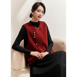 新中式圆领单排扣羊毛马甲女气质无袖背心上衣短款宽松双面呢外套