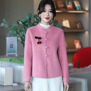 2026春季新款双面绒小香风立领盘扣毛呢外套女红色羊毛大衣短款