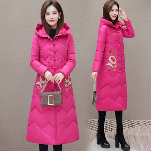 妈妈装羽绒棉服女中长款过膝绣花盘扣唐装冬季加厚保暖羽绒棉衣厚