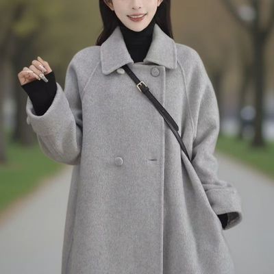 韩版宽松洋气娃娃领双面绒羊毛大衣女2025秋冬新款中长款呢子外套
