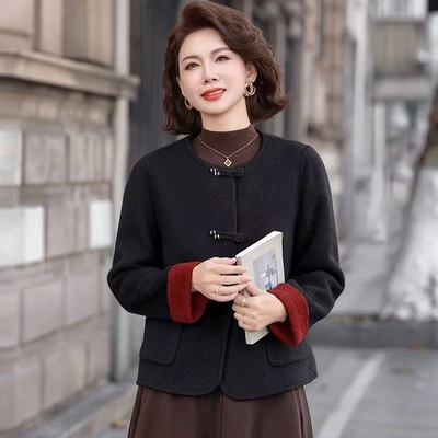 2025新款盘扣羊毛呢外套上衣双面绒大衣短款新中式红色毛呢外套女