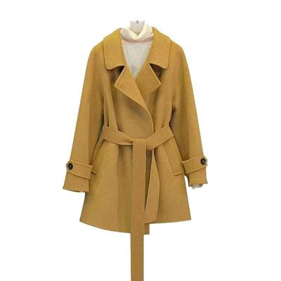 通勤风焦糖色毛呢外套女中长款系带收腰小个子羊毛大衣轻奢高级感