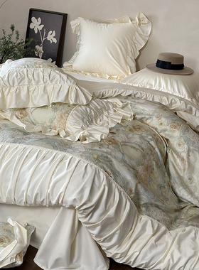 100支澳棉全棉四件套褶皱拼接纯棉被套床单公主风法式床品少女1.8