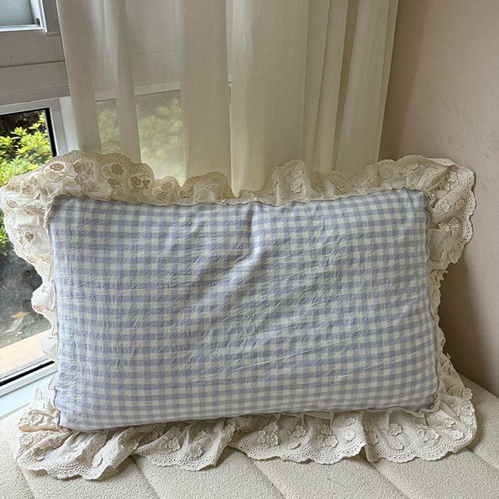 全棉水洗棉花朵花边格子枕套纯棉枕头套48×74cm单人学生宿舍少女