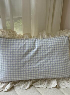 全棉水洗棉花朵花边格子枕套纯棉枕头套48×74cm单人学生宿舍少女