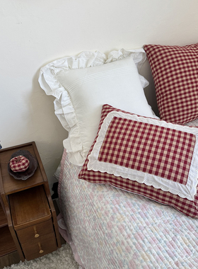 全棉水洗棉复古红色格子腰靠蕾丝花边小枕头含芯沙发靠枕卧室装饰