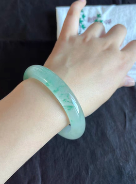 高品质纯天然独龙玉非洲翠高冰飘花冰胶厚装手镯子56.3*12.3*9.6