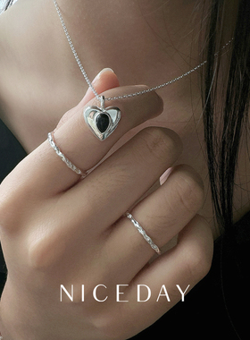 Niceday新款S925纯银黑玛瑙爱心蛇骨链ins小众韩国博主同款项链